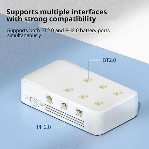 Six-Port 1S Battery Charger For FPV Drones with PH2.0 and BT2.0 ports, highlighting interface compatibility, USB-C power.