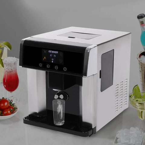 Dual Action Countertop Ice Maker And On Tap Cold Water Dispenser With Smooth Lcd Controls For Rapid Bullet Cube Crafting, sleek design with glass.