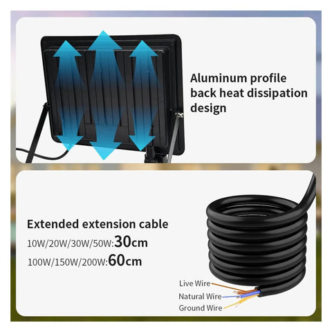 JUDYSSY Led Pir Motion Sensor Floodlight Outdoor Wall Light White Light 100W 50W 30W 20W 10W IP66 waterproof showing aluminum heat dissipation design.