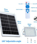 Lit Solar Flood Light With Remote Control 200W 18000 Lumens IP67 Waterproof Outdoor Security Lighting For Yard Garden Pool Gutter Pathway Basketball Court And Arena with dimensions and remote.