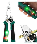 Heavy Duty 8 In One Wire Stripper Pliers With Built In Voltage Tester; shown cutting wire with foldable design, steel handles, and voltage tester.