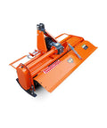 Category 1 Three Point Tiller Attachment For Tractors, PTO Driven Cultivator with 540 RPM Gearbox, orange metal design, side view