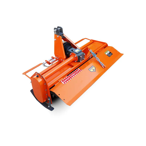 Category 1 Three Point Tiller Attachment For Tractors, PTO Driven Cultivator with 540 RPM Gearbox, orange metal design, side view