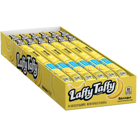 Display box of Banana Flavor Rope Candy Chewy Taffy Ropes 0.81 Oz Each Pack Of 24 Shareable Snackable Fruity Treats