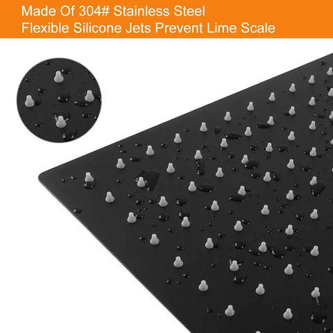 Close-up of matte black 12 Inch Rain Shower Head With 15 Inch Extension Arm Matte Black Stainless Steel Large Square Rainfall For Full Body Coverage Easy 5 Minute Install Spa Like Waterfall Experience At Home showing silicone jets and water droplets.