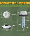 Top Shelf Badass Metal Roofing Screws Number 10 X 1 Inch 300 Pack With Rubber Washers showing detailed specifications and dimensions.