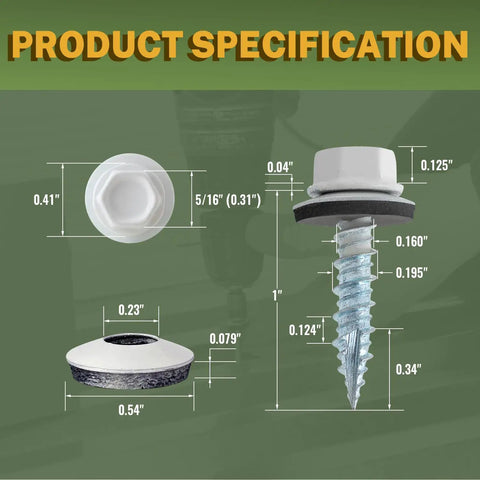 Top Shelf Badass Metal Roofing Screws Number 10 X 1 Inch 300 Pack With Rubber Washers showing detailed specifications and dimensions.