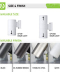 Round Outdoor Wall Cylinder Up And Down Light Fixture With 2x E26 Sockets 60W 120V White Finish ETL Listed Weatherproof Exterior Lighting Two Pack Built To Last in various finishes and size comparison.
