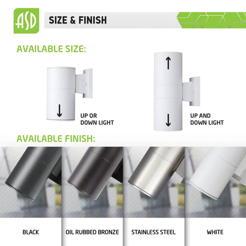 Round Outdoor Wall Cylinder Up And Down Light Fixture With 2x E26 Sockets 60W 120V White Finish ETL Listed Weatherproof Exterior Lighting Two Pack Built To Last in various finishes and size comparison.