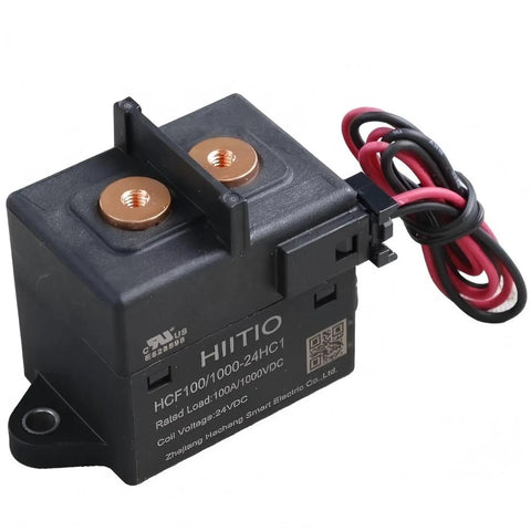 Heavy Lift High Voltage DC Relay Contactor Built Tough With Ceramic Armor And Zero Arc Magic Crushes One Hundred Amps Close To One Kilovolt A Real Bad Ass For EV Plugs Solar Banks And Battery Stash UL Certified, showing copper terminals and wires.
