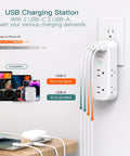 Pretty Sick 10 Port Surge Protector Wall Extender With Rotating Plug And Fast Charge USB Ports, mounted with cables and devices.