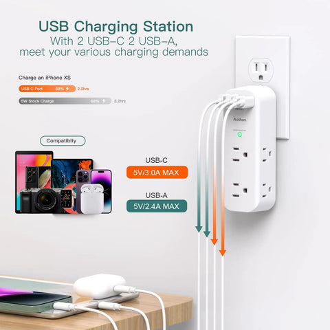 Pretty Sick 10 Port Surge Protector Wall Extender With Rotating Plug And Fast Charge USB Ports, mounted with cables and devices.