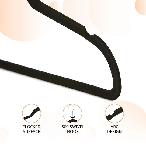 Close-up of Slim Velvet Non Slip Space Saving Suit Hangers with flocked surface, 360 swivel hook, and arc design details.