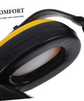 Close-up of Lock Down Every Distraction Heavy Duty Noise Reduction Earmuffs with yellow and black design, showing padding and comfort fit.