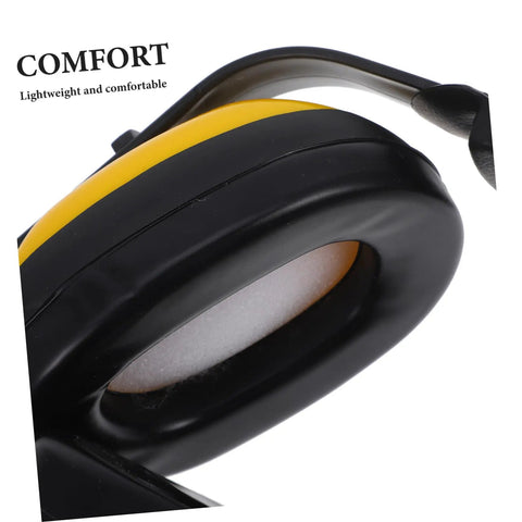 Close-up of Lock Down Every Distraction Heavy Duty Noise Reduction Earmuffs with yellow and black design, showing padding and comfort fit.