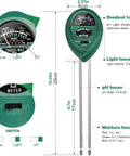 Diagram of All-In-One Soil Tester 2-Pack, 3-In-1 Moisture Meter, Light Meter and pH Tester with dimensions and sensor details