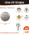 Image of a Heavy Duty Marine Grade Stainless Steel Boat Snap Fasteners Kit With 350 Pieces And 100 Sets Including Three Eighths Inch Snap Buttons For Boat Covers And Upholstery Built To Last Screws Included And Leather Snaps For Rust Resistance Silver, featuring Line 24 snaps with size measurements next to a dollar coin for scale.