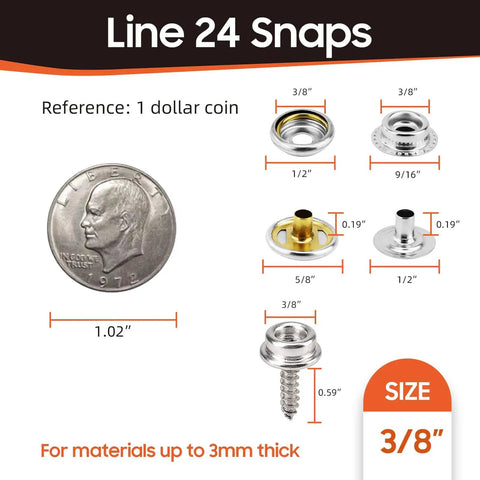 Image of a Heavy Duty Marine Grade Stainless Steel Boat Snap Fasteners Kit With 350 Pieces And 100 Sets Including Three Eighths Inch Snap Buttons For Boat Covers And Upholstery Built To Last Screws Included And Leather Snaps For Rust Resistance Silver, featuring Line 24 snaps with size measurements next to a dollar coin for scale.