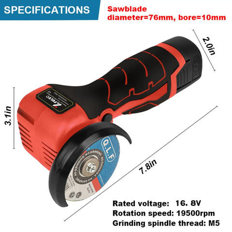 Cordless Angle Grinder Kit With 19500 RPM, Two 16.8V 2000mAh Batteries, Six Cutting Discs, and Fast Charger shown with specifications