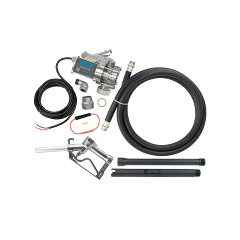 Heavy Duty 8 GPM Electric Fuel Transfer Pump With Spin Collar And Manual Shut Off Nozzle For Gasoline And Diesel 12 Volt components kit.