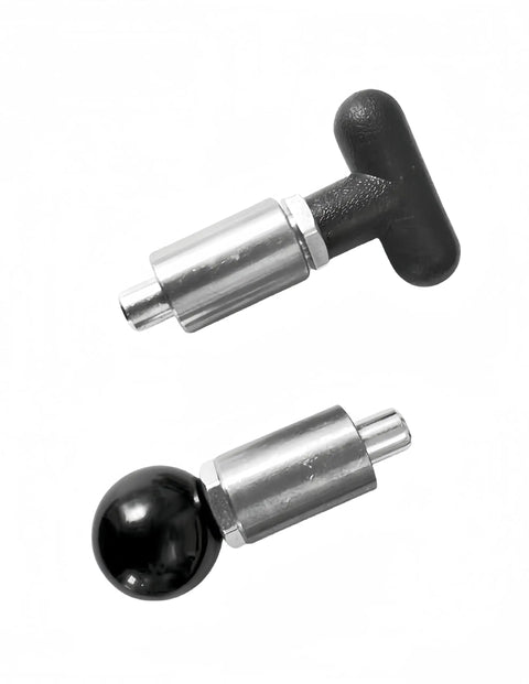 Heavy Duty Steel Spring Loaded Pull Pins For Home Gyms And Commercial Machines Half Inch Diameter Two Pack displaying smooth ball handles.