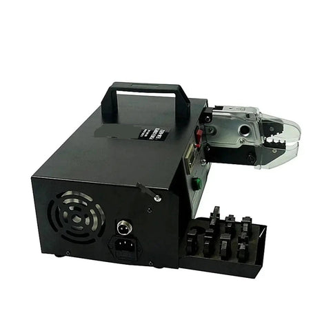Built Tough Electric Terminal Crimping Machine Cold Crimp Pliers With One Touch Wire Stripper And Cutter showing rear view and handle.