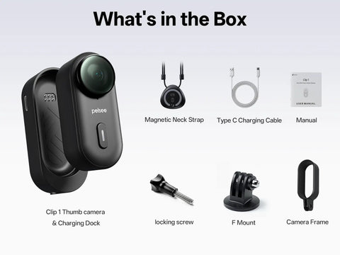 Clip1 Mini Action Camera With Hands Free POV Wearable Magnetic Mount 6 Axis Stabilization, accessories laid out in box.
