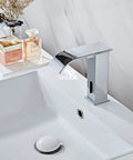 Dual Powered Automatic Touchless Bathroom Faucet with Motion Sensor Waterfall Chrome Finish Hands Free Vanity Faucet shown on a sink