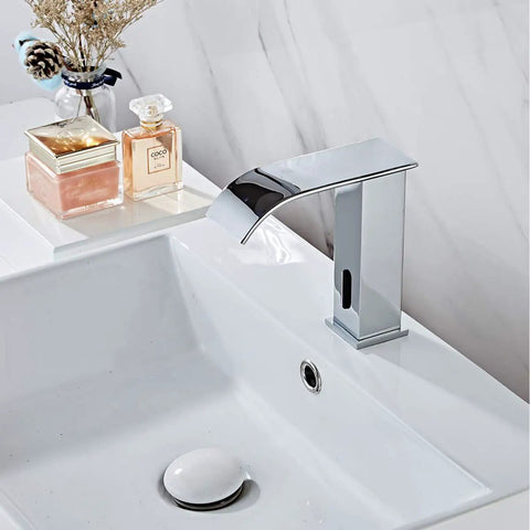 Dual Powered Automatic Touchless Bathroom Faucet with Motion Sensor Waterfall Chrome Finish Hands Free Vanity Faucet shown on a sink