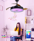 Dope Retractable Bluetooth Ceiling Fan With Light And Speaker, 42 Inch, in living room with LED colors and music notes