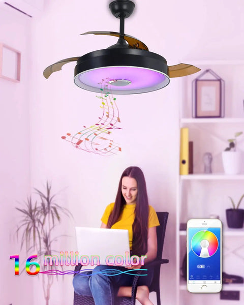 Dope Retractable Bluetooth Ceiling Fan With Light And Speaker, 42 Inch, in living room with LED colors and music notes