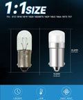 Size comparison of BA9S LED Bulbs 10 Pack Mega Bundle 10 To 30V Warm White for Lionel Trains and Vintage Lights Indicator Panels.