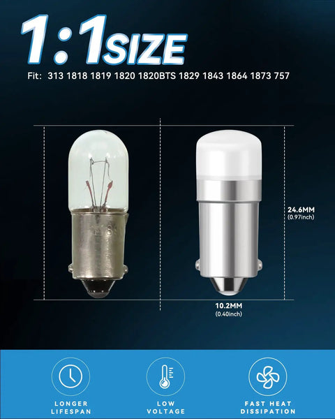 Comparison of BA9S LED Bulbs 12V Bi Polar Replacement For Indicator Lights with original bulb showing size dimensions and fits.
