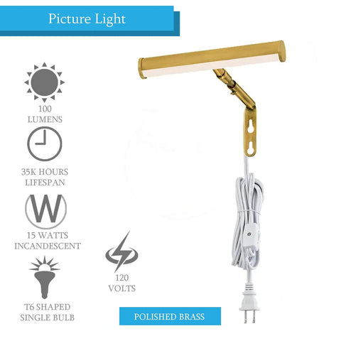 Sleek Slimline Picture Light for Artwork Displays with Integrated LED, 14 Inch Adjustable Wall Light in polished brass finish.