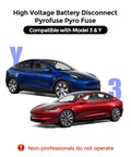 Shop Grade Pyrotechnic Battery Disconnect Fuse With Pro Removal Tools No Sweat Direct Swap For Tesla Model 3 Y And S X High Voltage Safety Switch Upgrade shown with Tesla Model Y and Model 3 vehicles.
