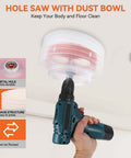 Hole saw with dust bowl catcher on cordless drill for recessed lighting; features metal hole and wave-structure design