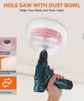 6-1/8 Inch Bi-Metal Hole Saw Kit For Recessed LED Lights With Dust Bowl Catcher in use on ceiling