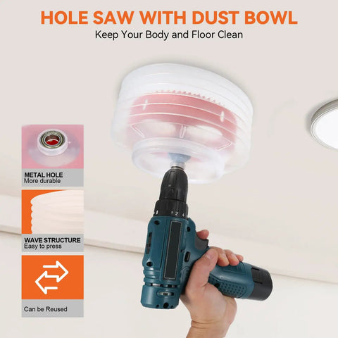 6-1/8 Inch Bi-Metal Hole Saw Kit For Recessed LED Lights With Dust Bowl Catcher in use on ceiling
