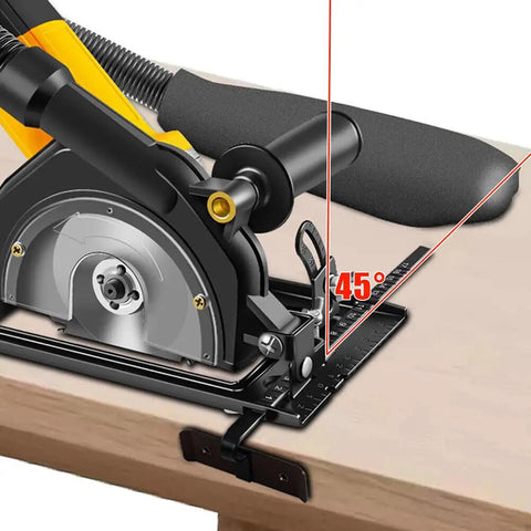 Close-up of adjustable angle grinder bracket with protective shroud at 45-degree, dust collection guard for woodworking and grinder use
