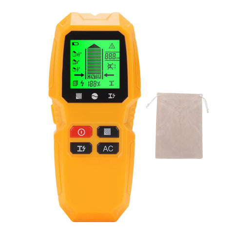 GYZOUKA Wall Scanner Stud Detector for Wood Metal Live AC Wire Locating in bright yellow with digital screen and buttons.