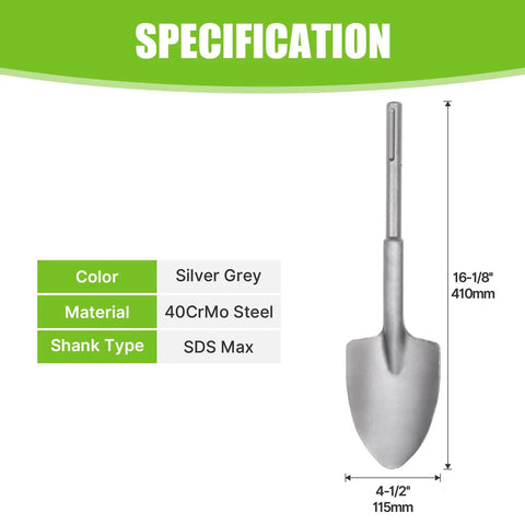 SDS Max Shank 40Cr Steel Clay Spade Demolition Jack Hammer Bit 16.1 Inch Digging Shovel Bit with specifications chart
