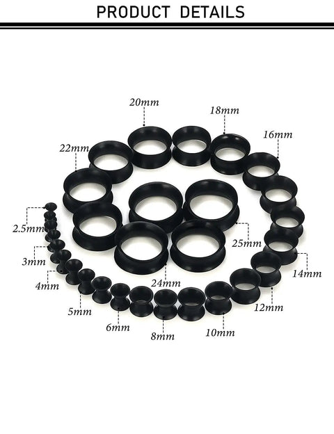 Dope Black Silicone Ear Gauges Set With 15 Pairs And 24 Pieces Stretching Kit For Ear Tunnels From 2G To 25mm visible sizes