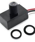 Outdoor No Fuss Dusk To Dawn Light Sensor Switch with wiring and installation components, compact design