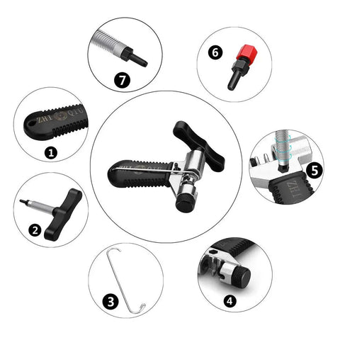 Exploded view of All In One Bicycle Chain Removal And Installation Tool with Chain Hook, steel K5 body, and CR-V thimbles for 5-11 speed chains.