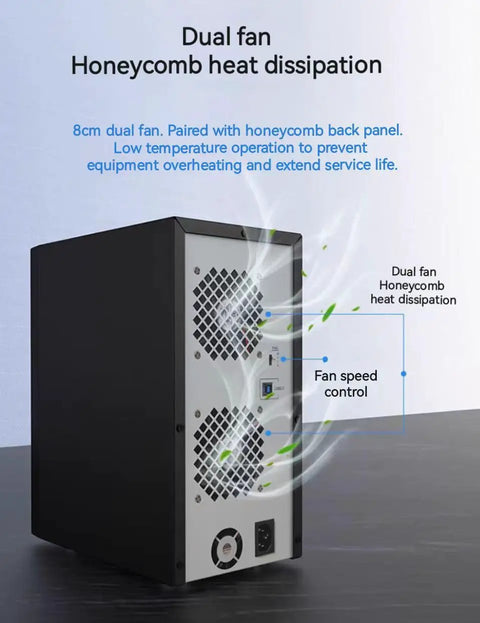Eight Bay External Sata Hard Drive Enclosure Features No Sweat Setup With Hot Swap Trays And Smart Cooling Fan showing dual fans and honeycomb heat dissipation.