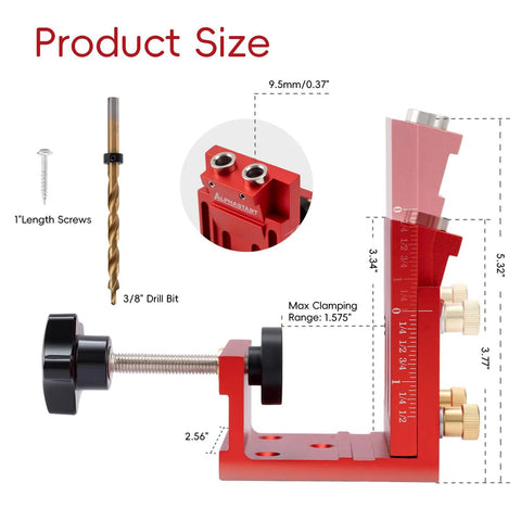 Badass Pocket Hole Jig Kit With Adjustable Drill Guide For Tight Woodworking Joints dimensions showing 3/8" drill bit and adjustable clamping range.
