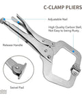4 Pack Heavy Duty C Clamp Locking Clamps With 6 Inch And 11 Inch Tips, Swivel Pads, Quick Trigger Release, Chrome Vanadium Alloy Build, Built To Last For Your Home Workshop And Craft Projects That Grip Odd Shapes Tight. C-clamp pliers with swivel pad and release handle