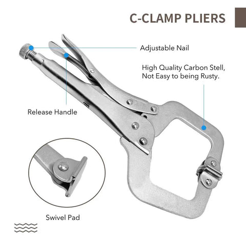 4 Pack Heavy Duty C Clamp Locking Clamps With 6 Inch And 11 Inch Tips, Swivel Pads, Quick Trigger Release, Chrome Vanadium Alloy Build, Built To Last For Your Home Workshop And Craft Projects That Grip Odd Shapes Tight. C-clamp pliers with swivel pad and release handle
