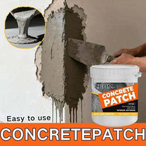 Heavy Duty Concrete Patch Powder And Rapid Set Cement Crack Filler Sealant For Driveways Patios Sidewalks Hella Strong Bond No Mess Waterproof Exterior Repair Mix applied to wall damage with trowel.