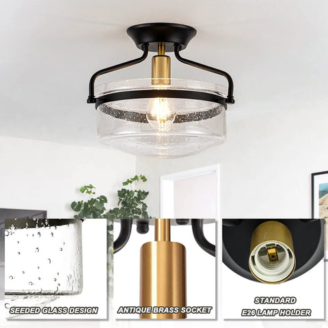 Seeded Glass Semi Flush Mount Ceiling Light In Matte Black, 11.2 Inch Shade with antique brass socket and E26 holder